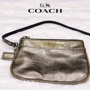 Coach Metallic Gold Leather Wristlet Clutch Zip Top Y2K Excellent Condition